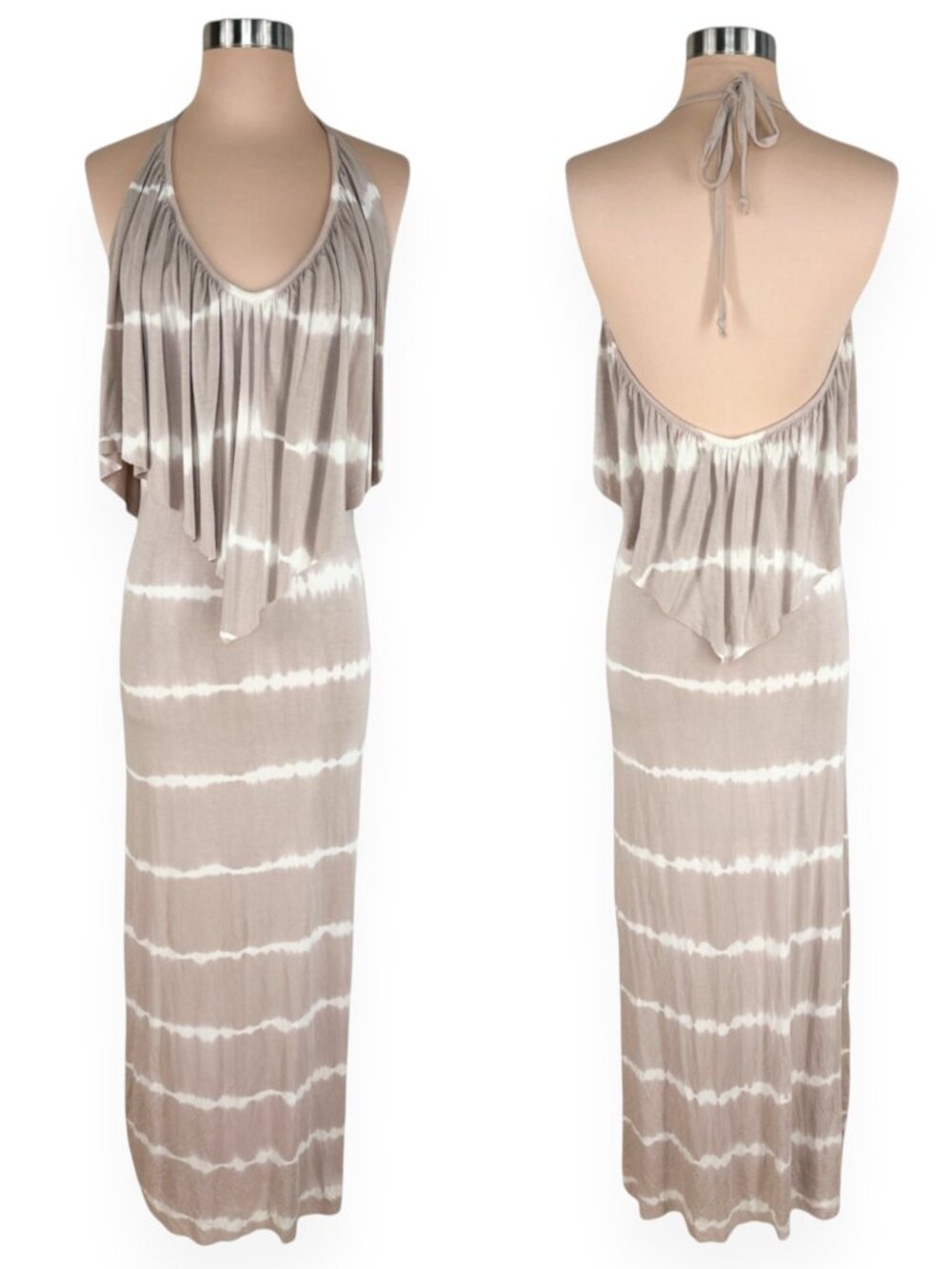 Young Fabulous & Broke Long Tan Beige Tie Dye Layered Halter Maxi Dress S